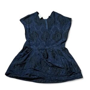 Marni Silk Blend Luxe Navy Blue Floral Jacquard Peplum Cut And Sew‎ Tunic Top